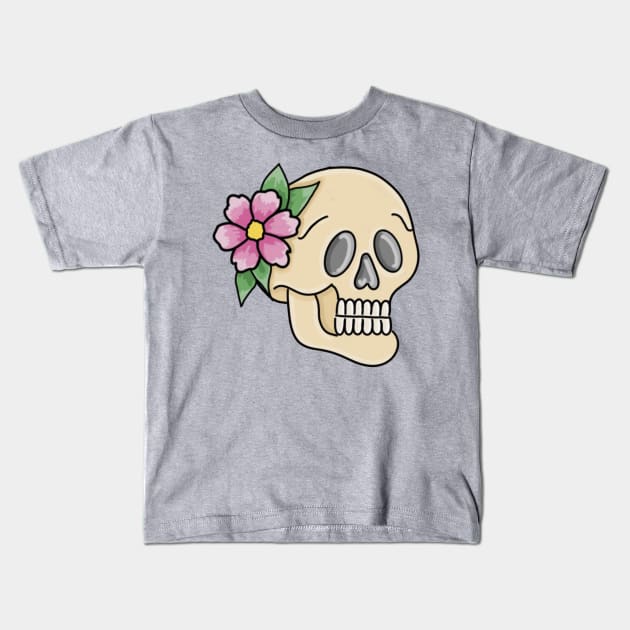 Feminine Floral Skull with Blue Background Kids T-Shirt by Tenpmcreations